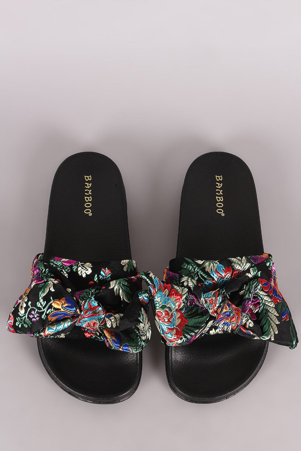 Bamboo Satin Embroidered Brocade Bow Slide Sandal