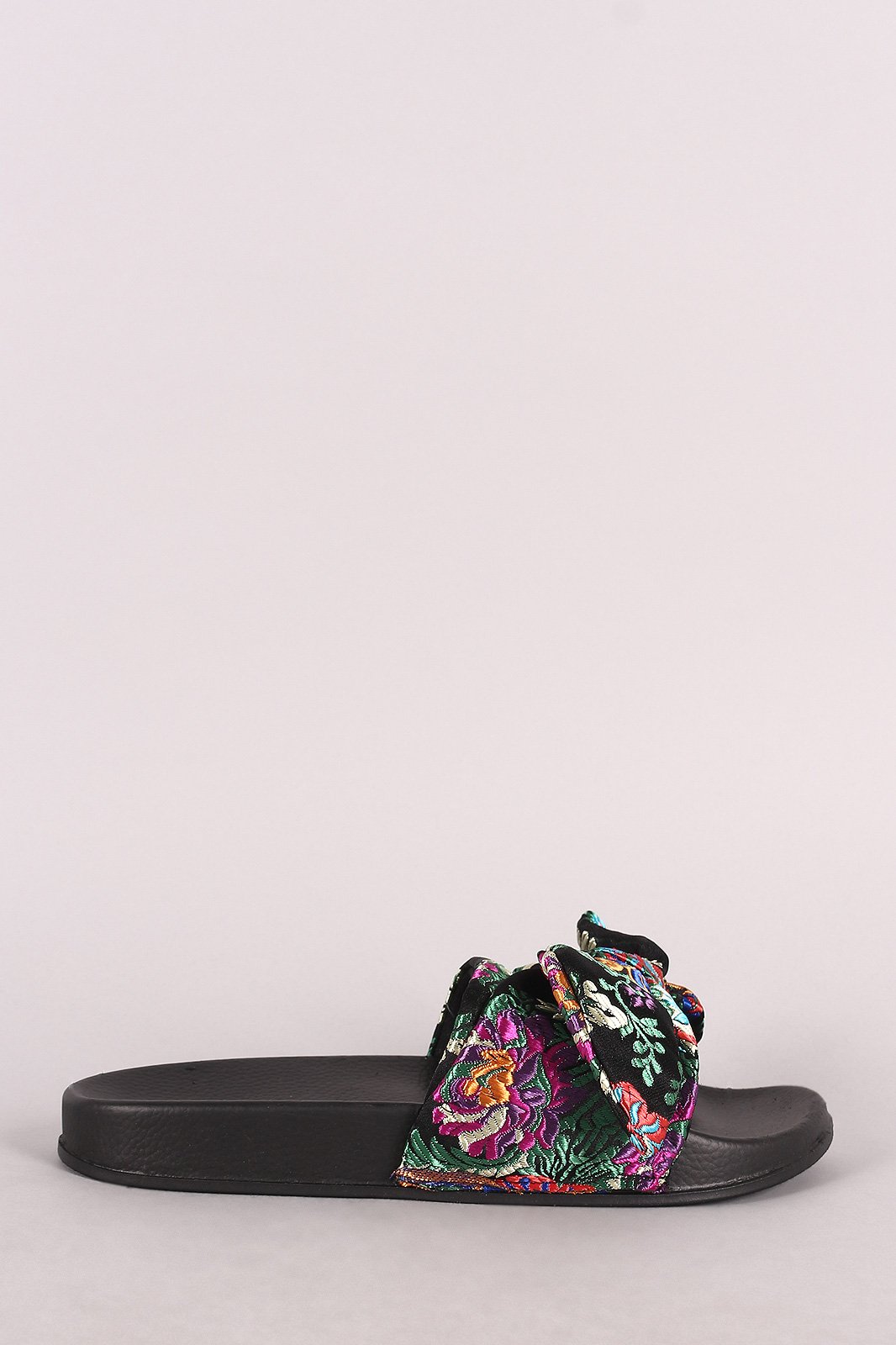 Bamboo Satin Embroidered Brocade Bow Slide Sandal