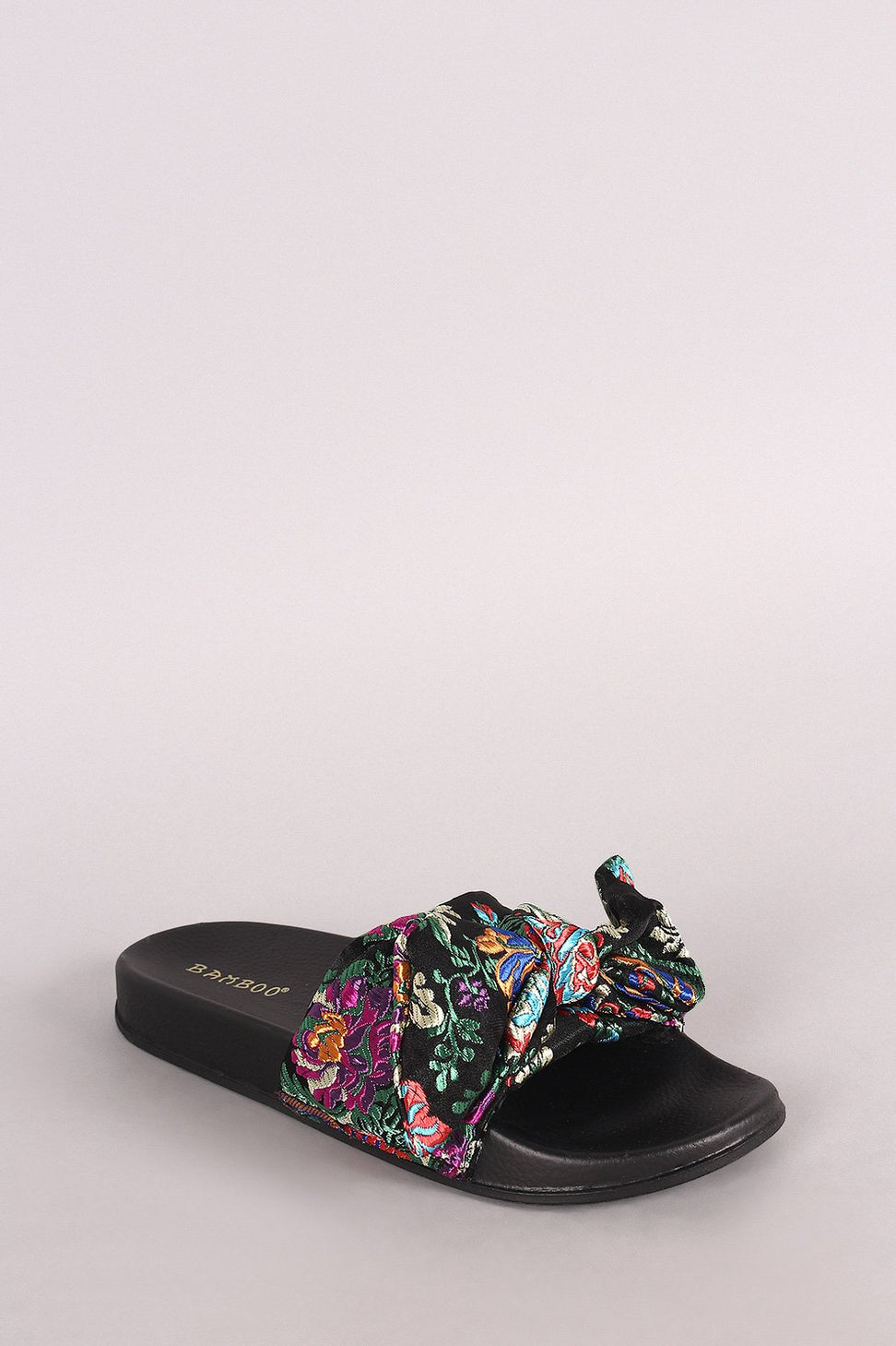 Bamboo Satin Embroidered Brocade Bow Slide Sandal