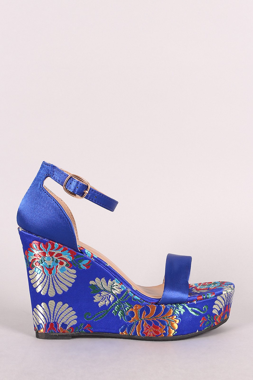 Bamboo Satin Ankle Strap Embroidered Brocade Platform Wedge