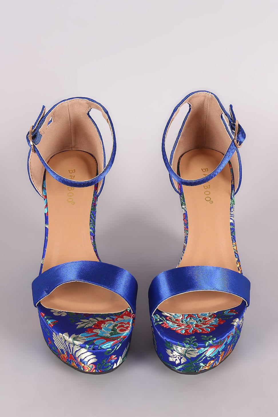 Bamboo Satin Ankle Strap Embroidered Brocade Platform Wedge