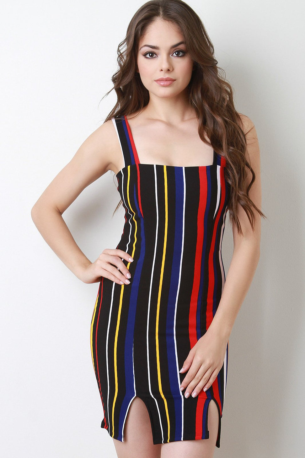 Rainbow Striped Slit Bodycon Mini Dress