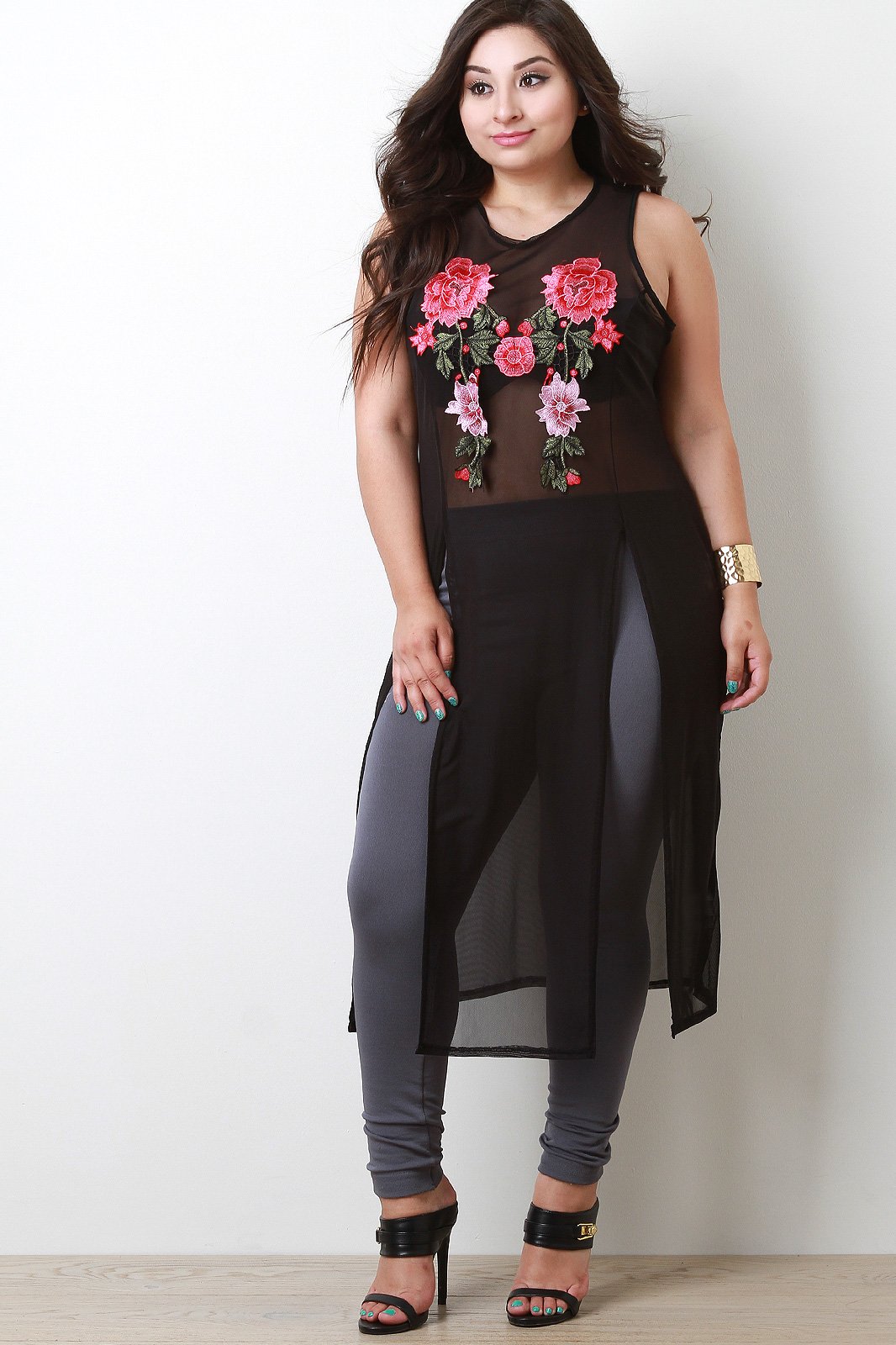 Embroidered M-Slit Mesh Maxi Top