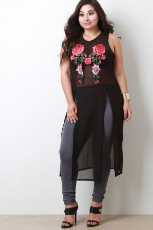 Embroidered M-Slit Mesh Maxi Top