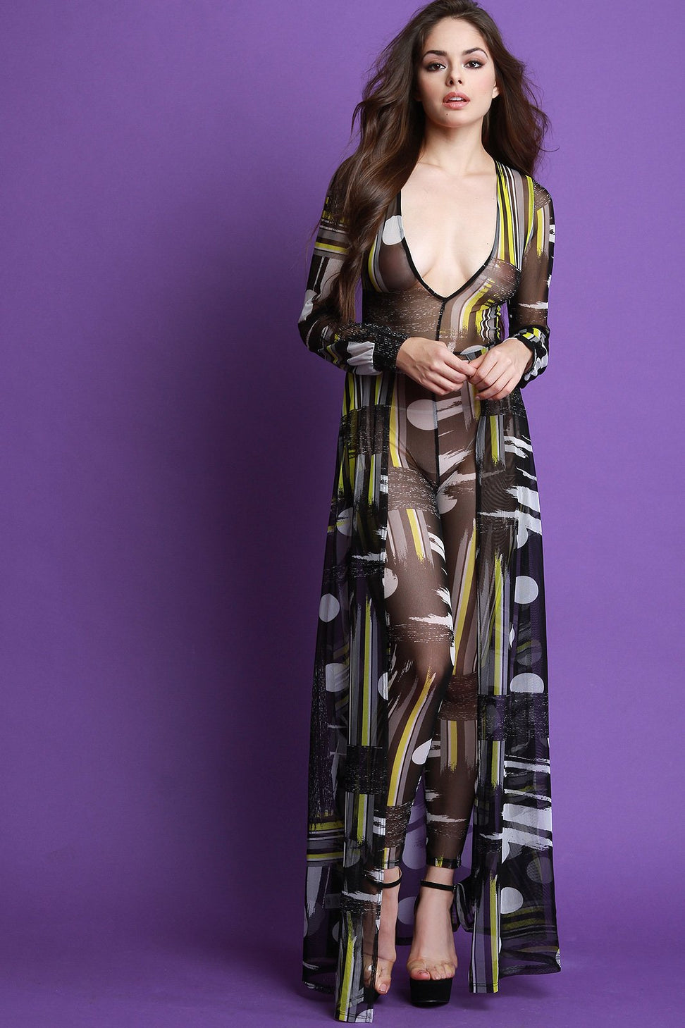 Circle And Striped Mesh Maxi Jumpsuit