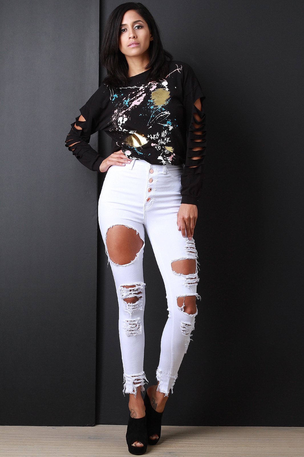 High Waisted Button Fly Distressed Skinny Jeans