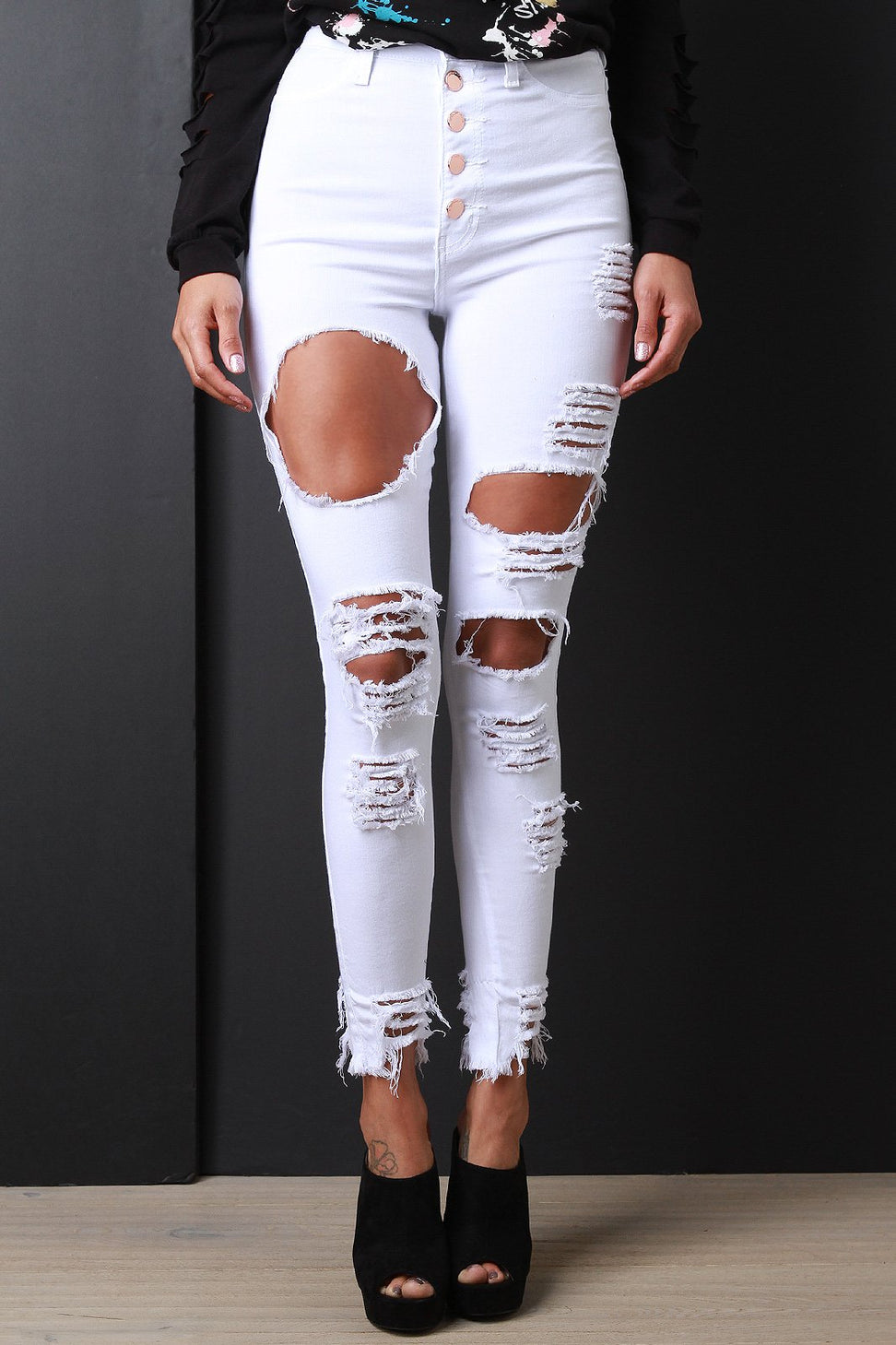 High Waisted Button Fly Distressed Skinny Jeans
