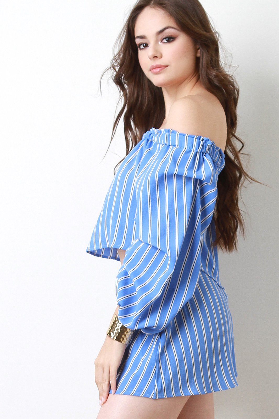 Striped Balloon Statement Sleeve Two Piece Matching Set