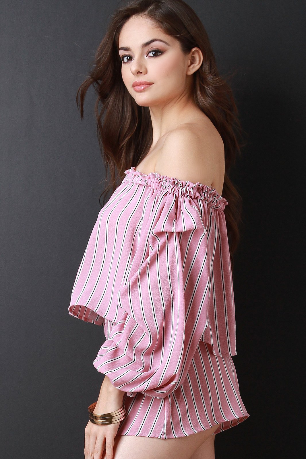 Striped Balloon Statement Sleeve Two Piece Matching Set