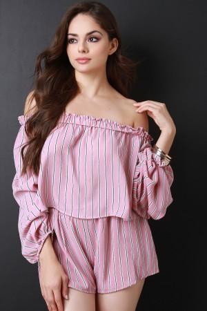 Striped Balloon Statement Sleeve Two Piece Matching Set