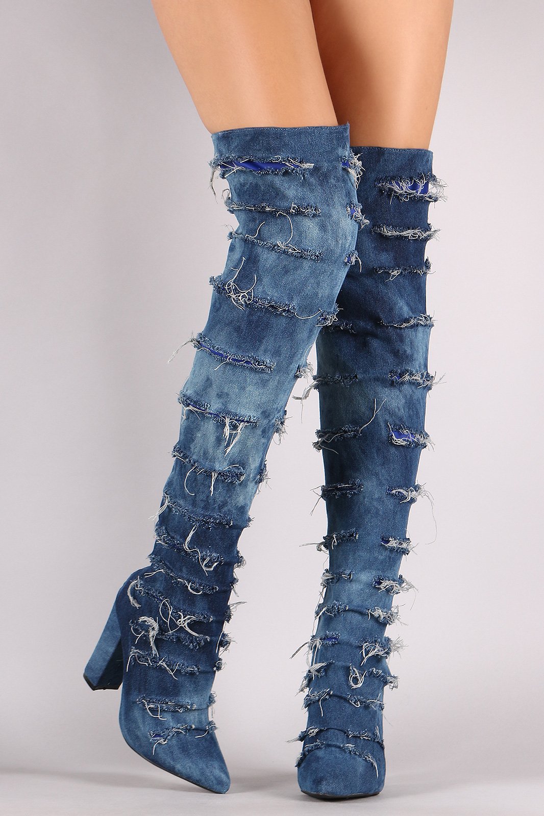 Distressed Denim Chunky Heeled Over-The-Knee Boots - NoveltyOne
