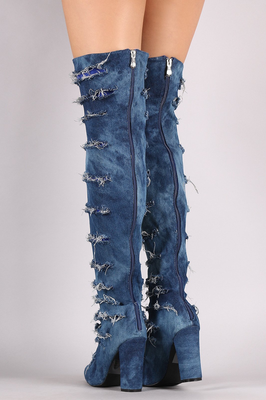 Distressed Denim Chunky Heeled Over-The-Knee Boots - NoveltyOne