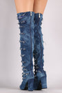 Distressed Denim Chunky Heeled Over-The-Knee Boots - NoveltyOne