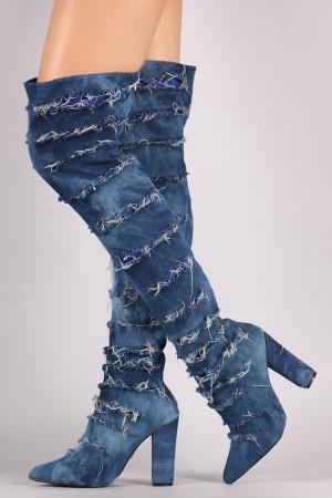 Distressed Denim Chunky Heeled Over-The-Knee Boots - NoveltyOne
