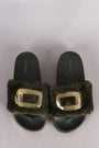 Bamboo Hardware Embellished Fur Chain Slide Sandal