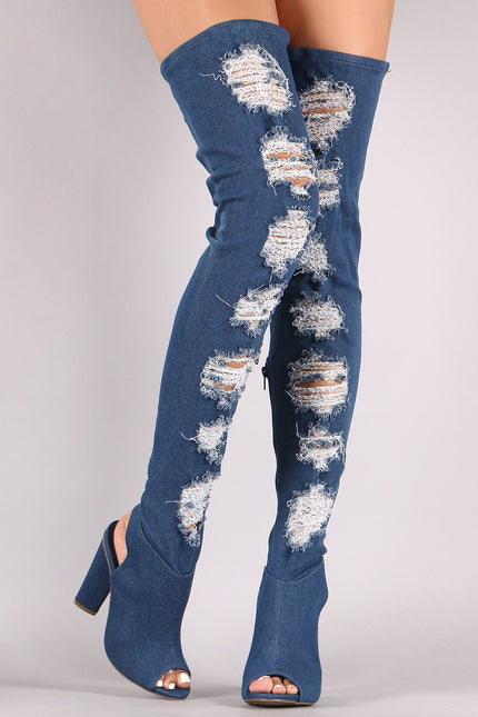 Bamboo Distressed Denim Chunky Heeled Over-The-Knee Boots