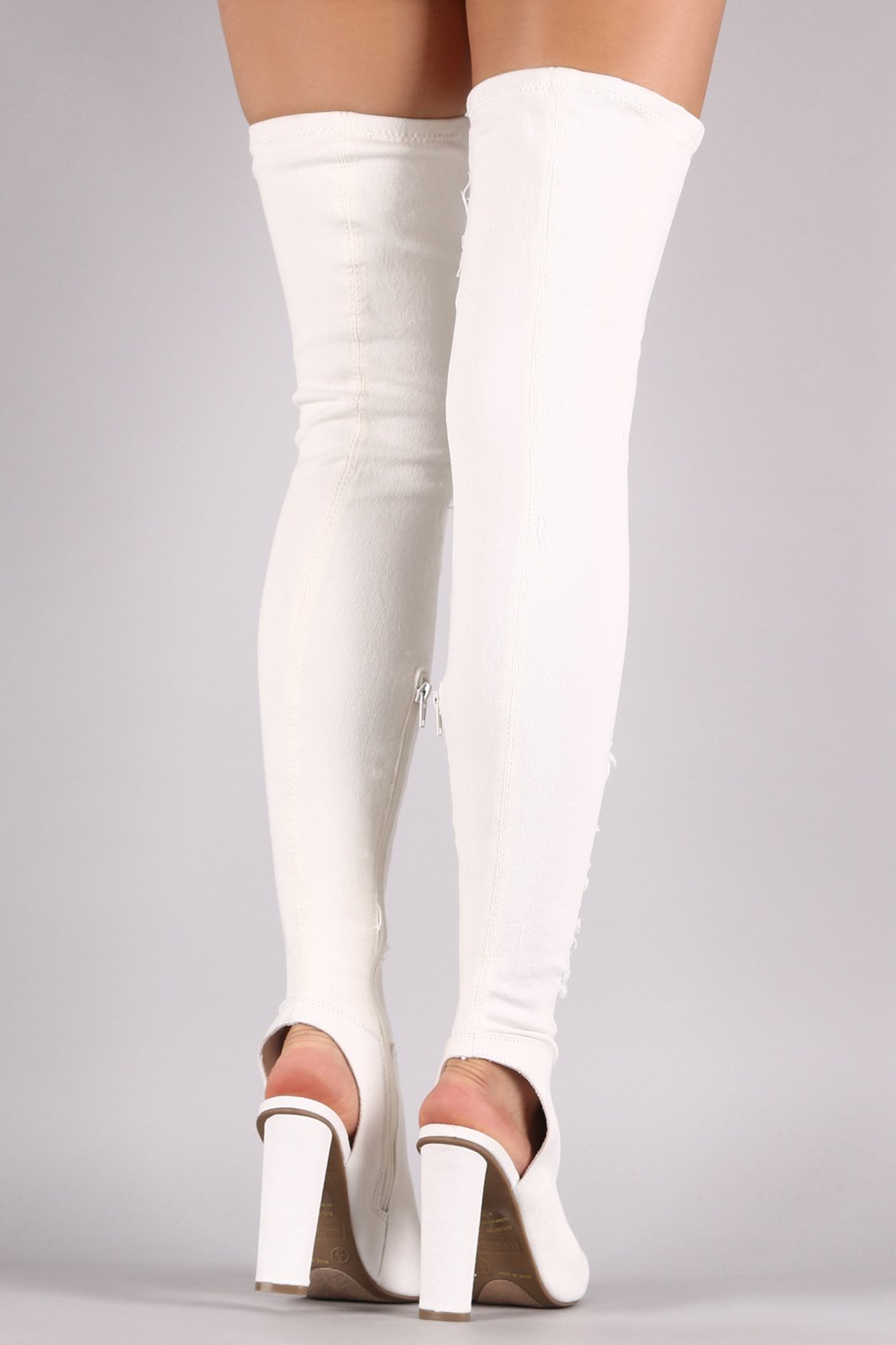 Bamboo Distressed Denim Chunky Heeled Over-The-Knee Boots