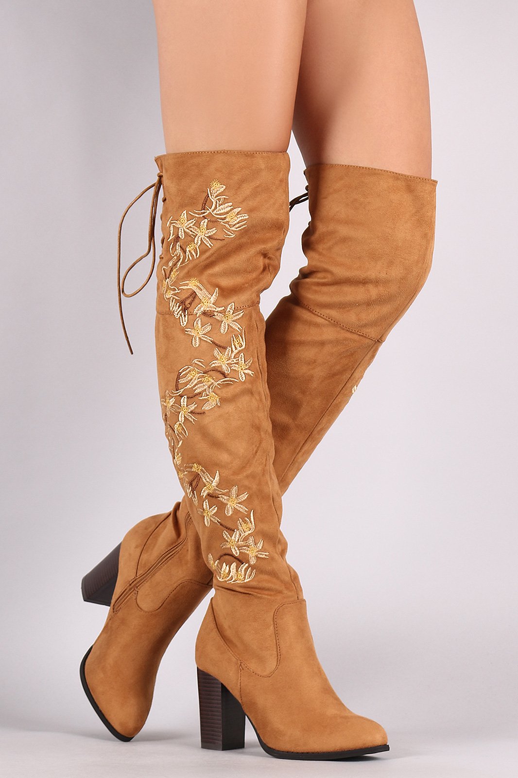 Qupid Embroidered Floral Suede Back Lace-Up Chunky Heeled Boots