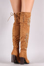 Qupid Embroidered Floral Suede Back Lace-Up Chunky Heeled Boots