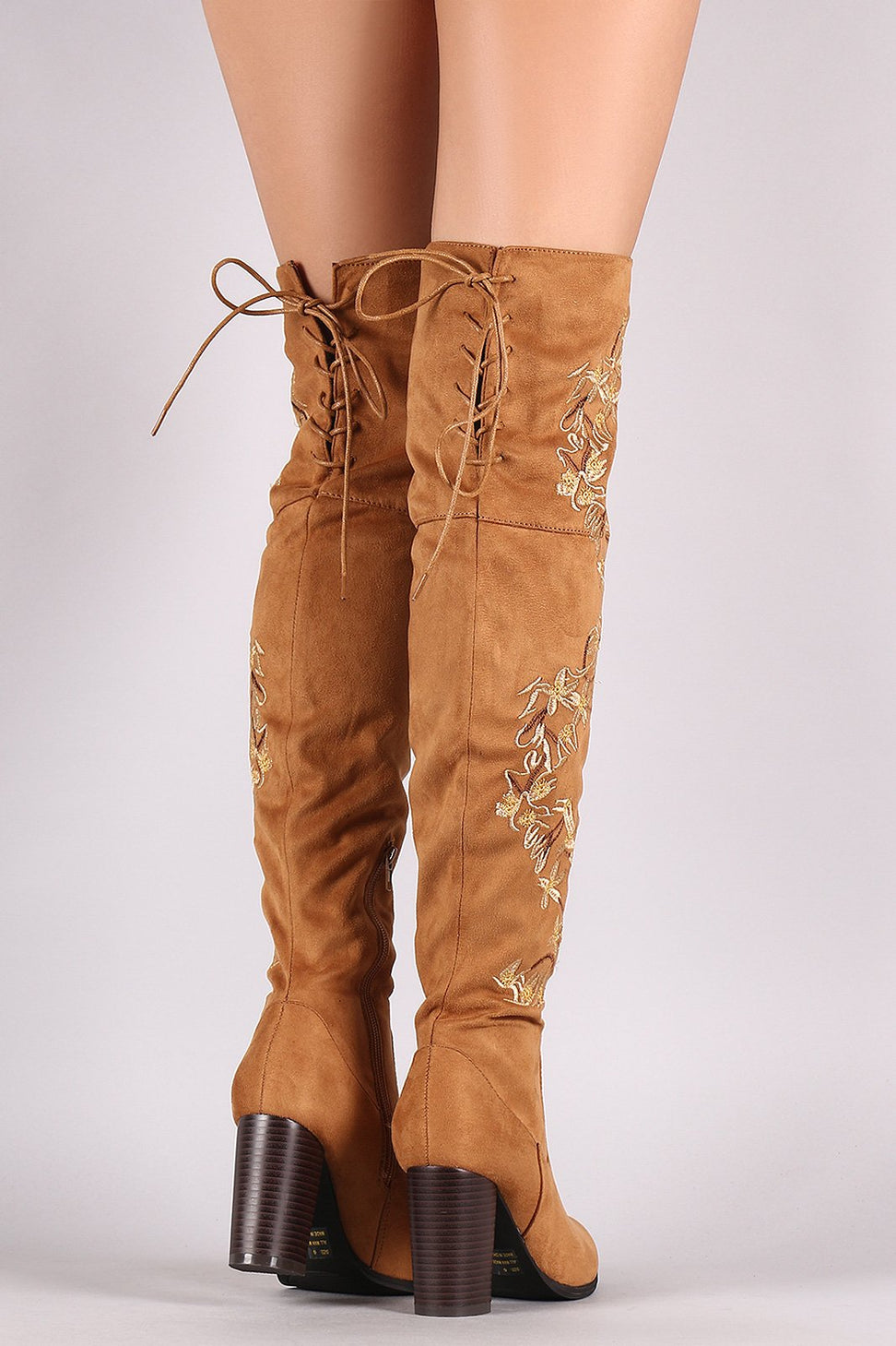 Qupid Embroidered Floral Suede Back Lace-Up Chunky Heeled Boots