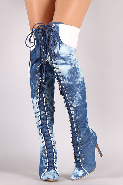 Liliana Denim Pointy Toe Lace-Up Over-The-Knee Boots