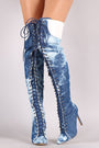 Liliana Denim Pointy Toe Lace-Up Over-The-Knee Boots