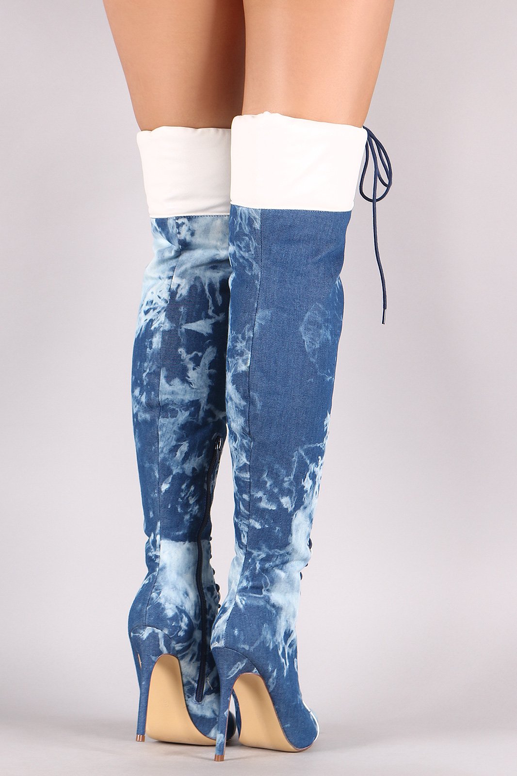 Liliana Denim Pointy Toe Lace-Up Over-The-Knee Boots