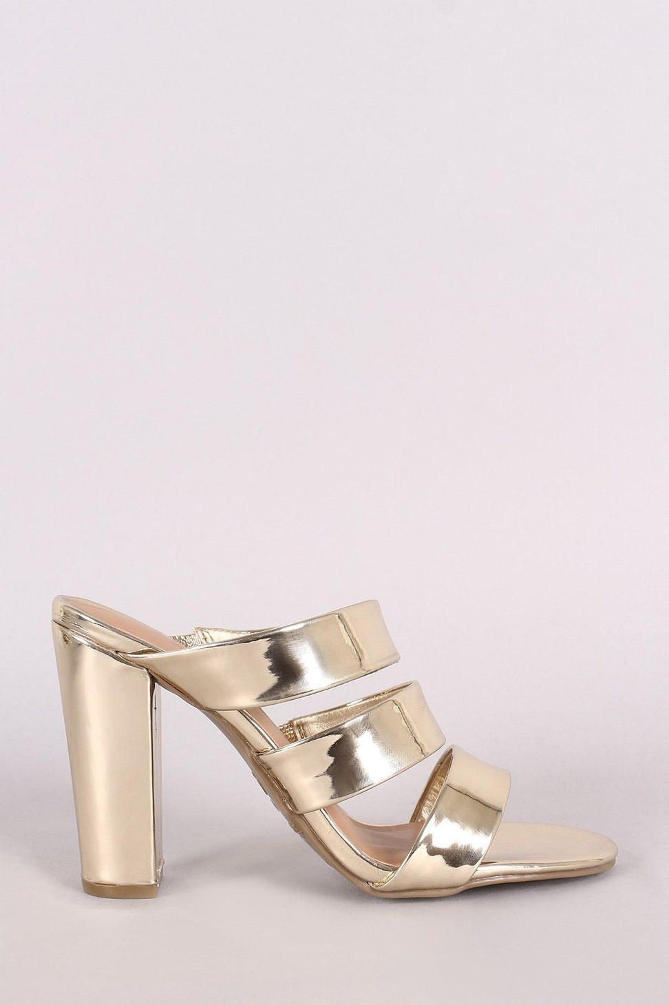 Bamboo Metallic Triple Straps Open Toe Chunky Mule Heel