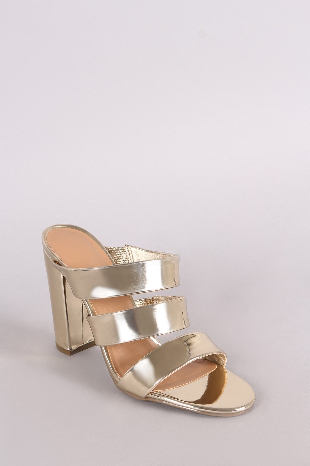 Bamboo Metallic Triple Straps Open Toe Chunky Mule Heel