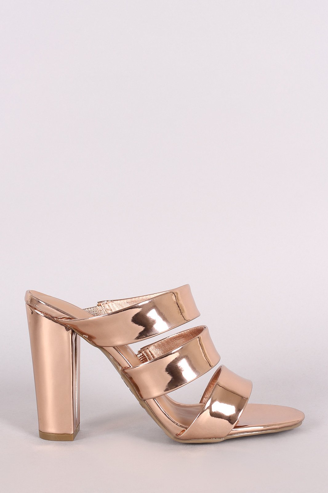 Bamboo Metallic Triple Straps Open Toe Chunky Mule Heel