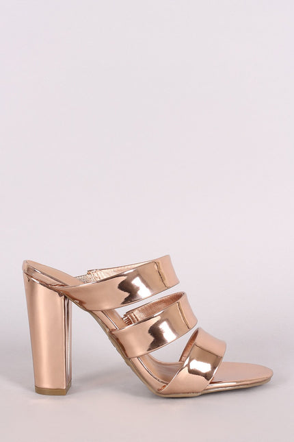 Bamboo Metallic Triple Straps Open Toe Chunky Mule Heel
