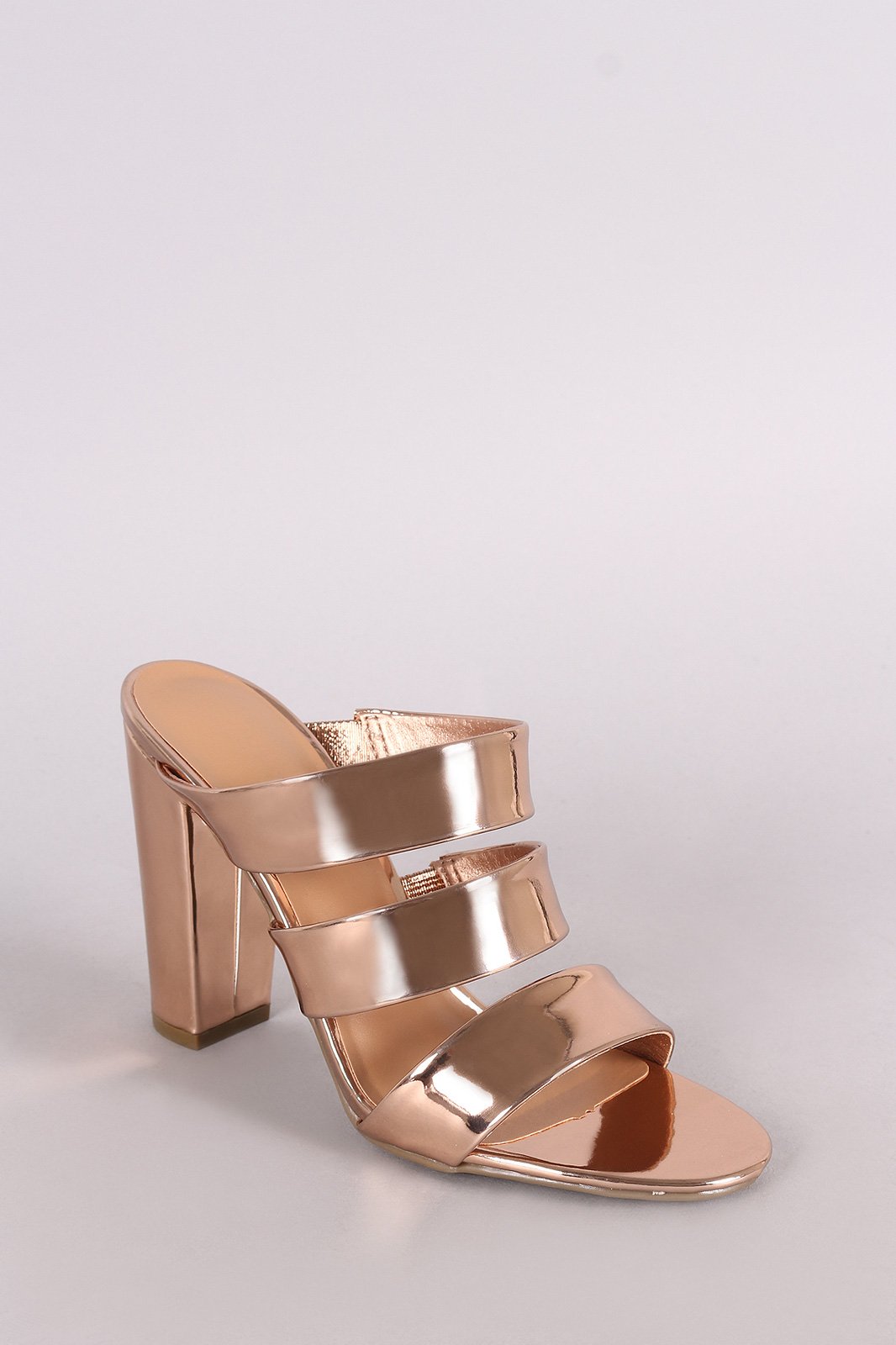 Bamboo Metallic Triple Straps Open Toe Chunky Mule Heel