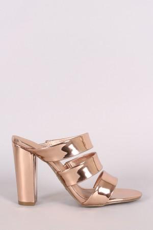 Bamboo Metallic Triple Straps Open Toe Chunky Mule Heel