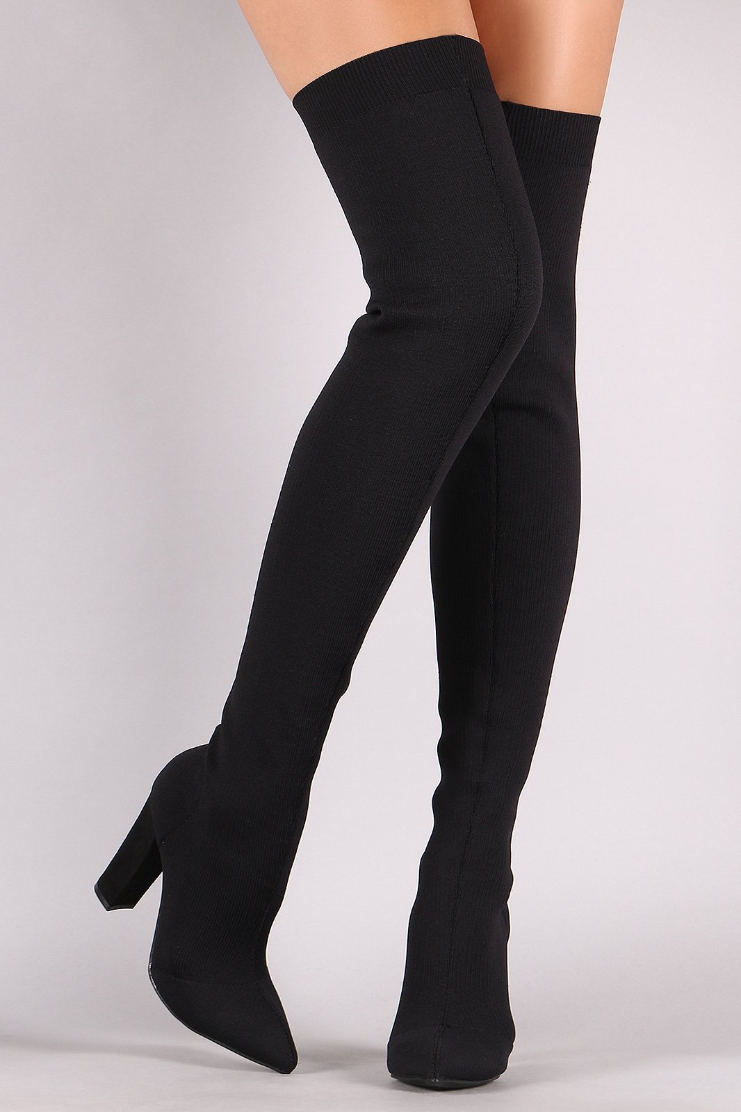 Bamboo Knit Pointy Toe Chunky Heeled Over-The-Knee Boots