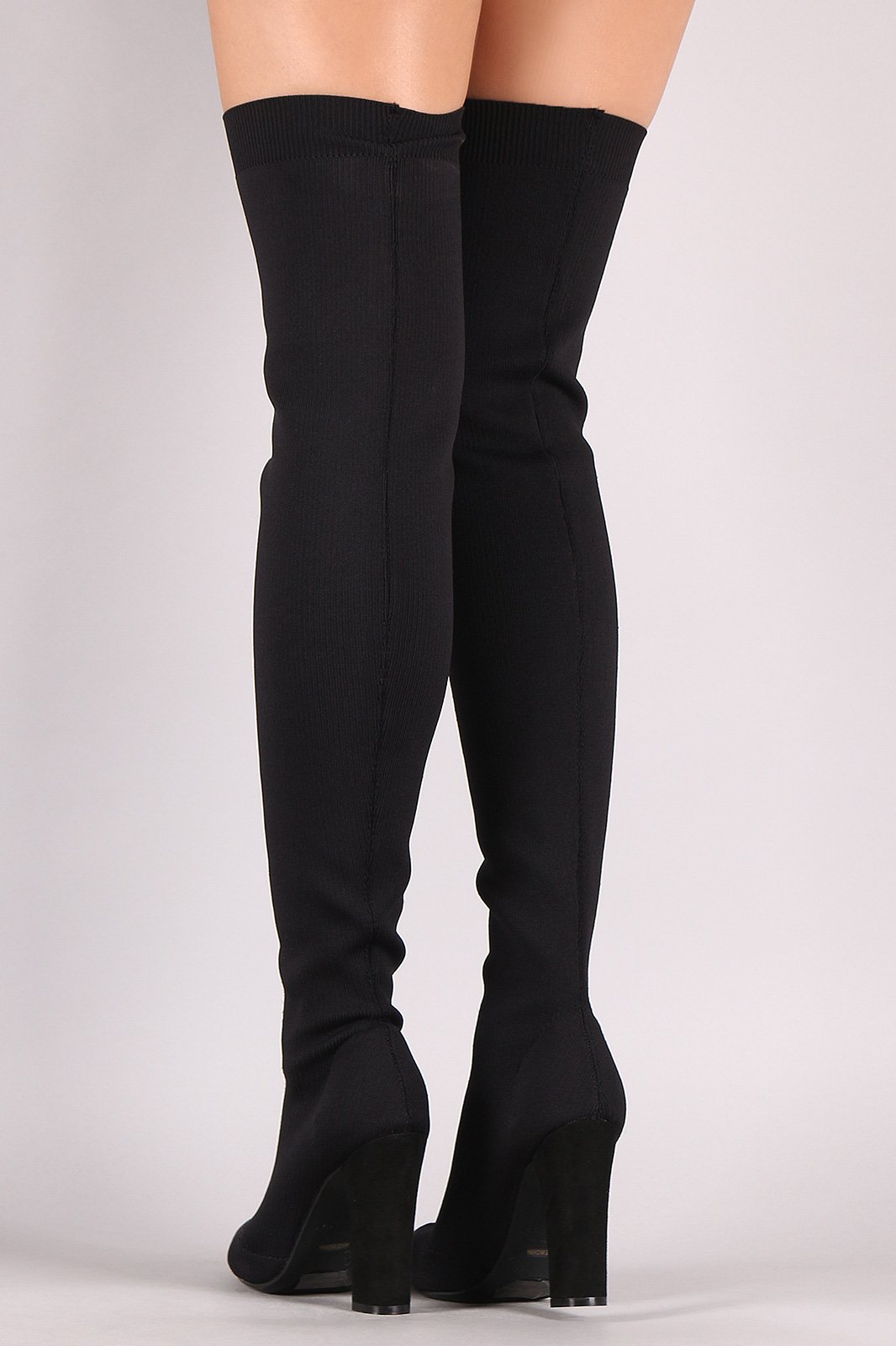 Bamboo Knit Pointy Toe Chunky Heeled Over-The-Knee Boots