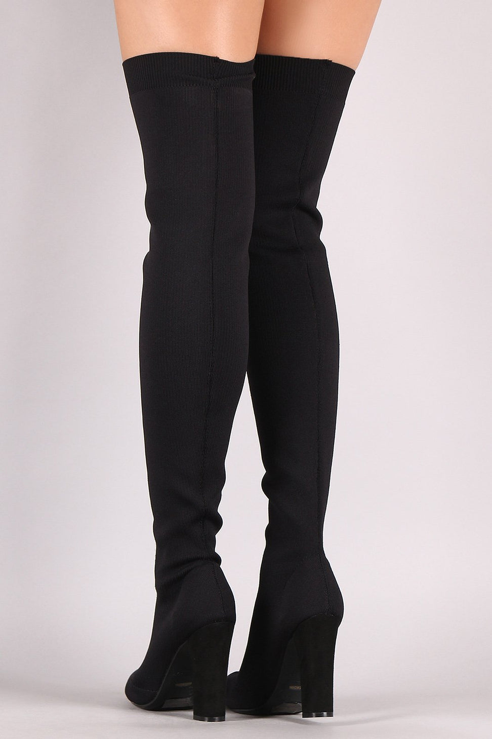 Bamboo Knit Pointy Toe Chunky Heeled Over-The-Knee Boots