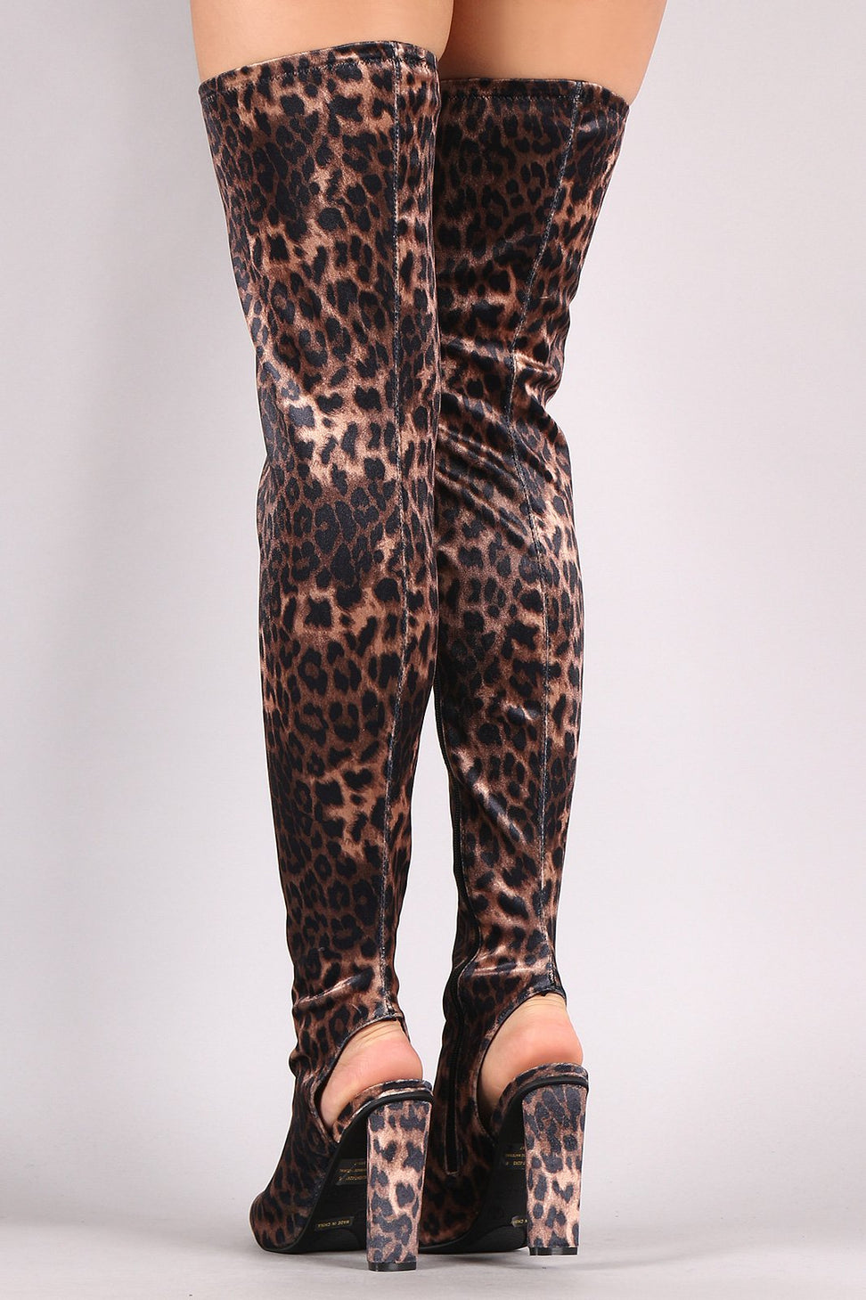Bamboo Leopard Velvet Peep Toe Chunky Heeled Over-The-Knee Boots