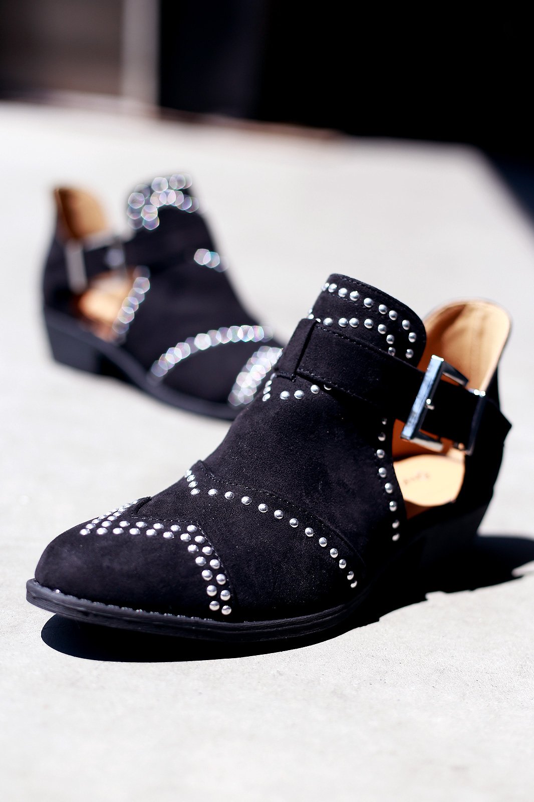 Qupid Studded Suede Buckled Cutout Ankle Boots