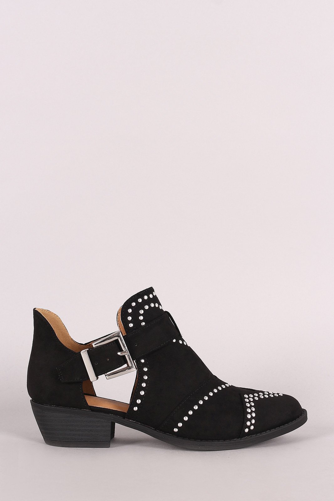 Qupid Studded Suede Buckled Cutout Ankle Boots