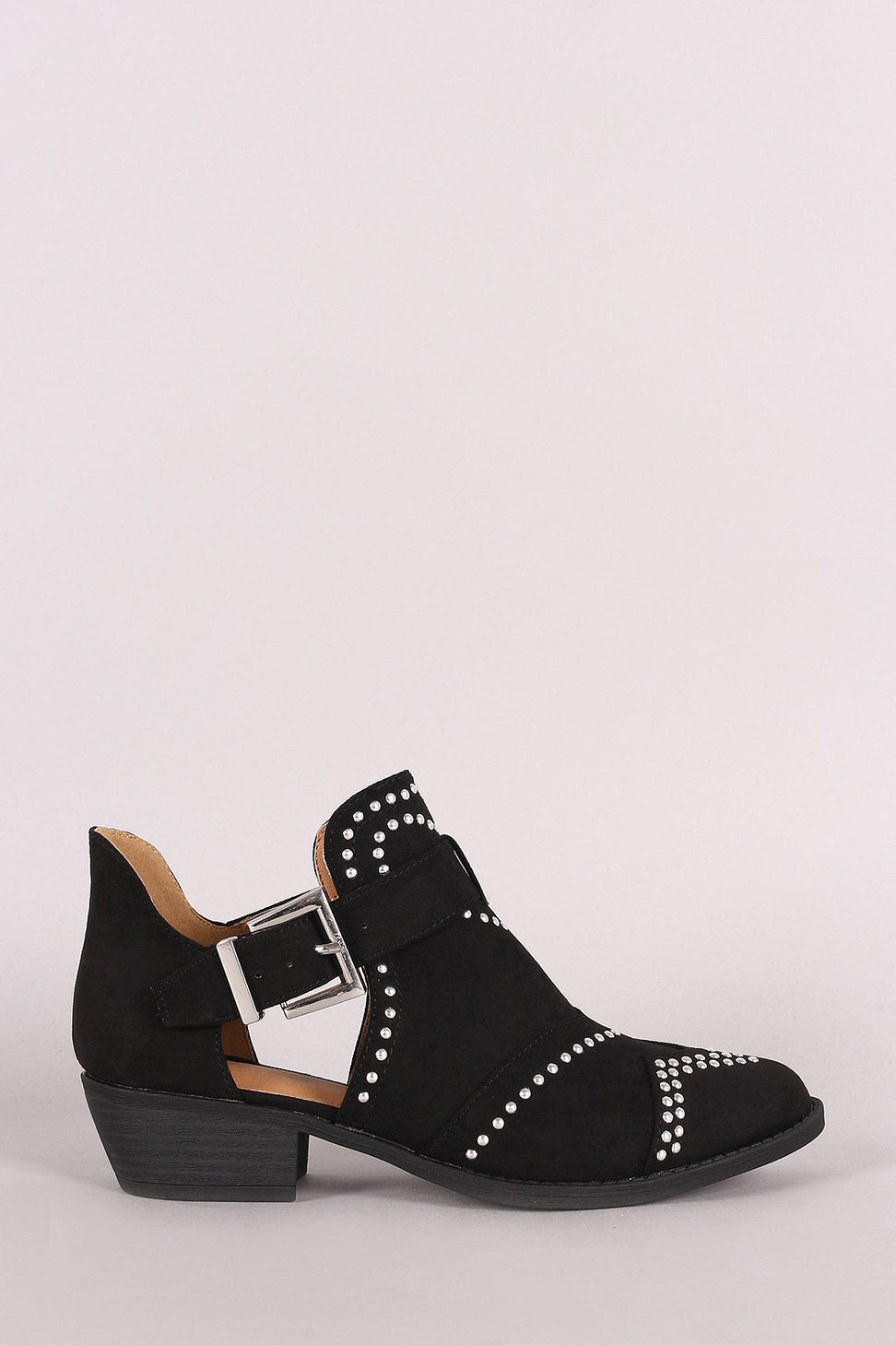Qupid Studded Suede Buckled Cutout Ankle Boots