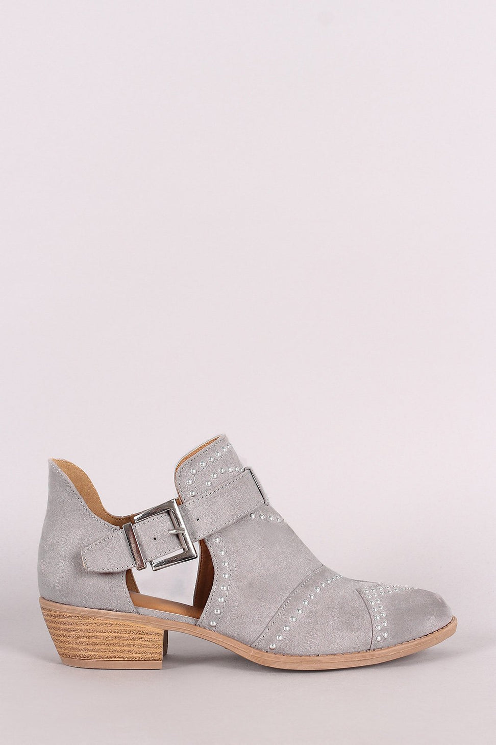 Qupid Studded Suede Buckled Cutout Ankle Boots