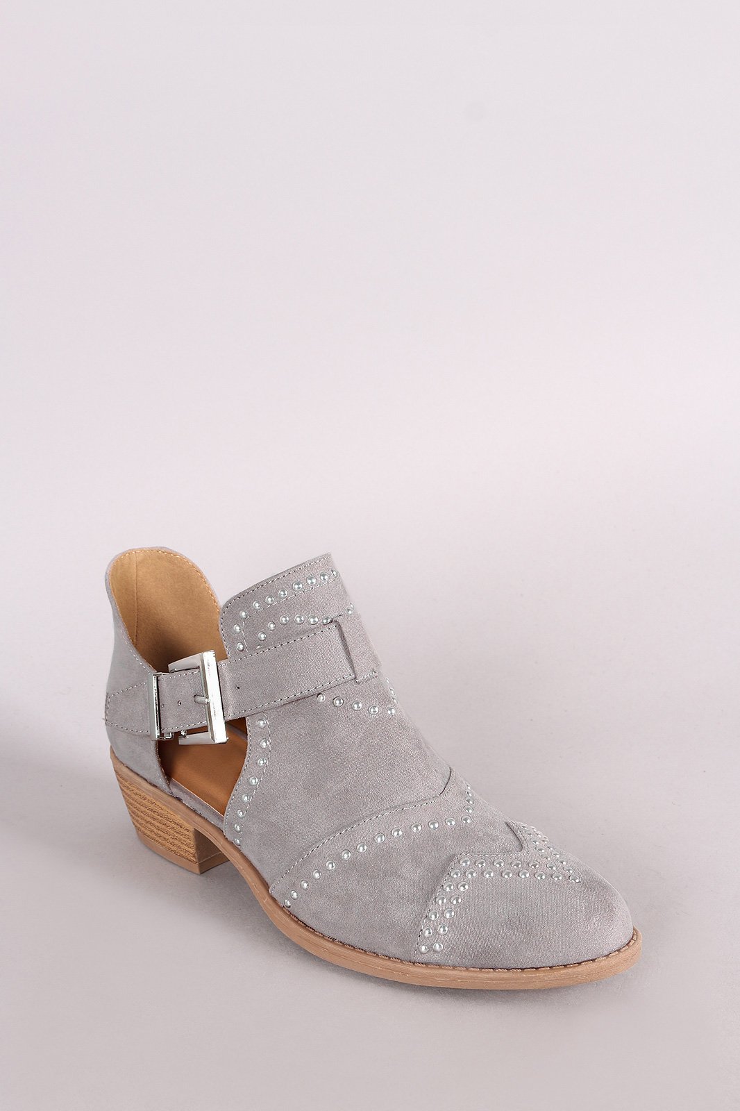 Qupid Studded Suede Buckled Cutout Ankle Boots