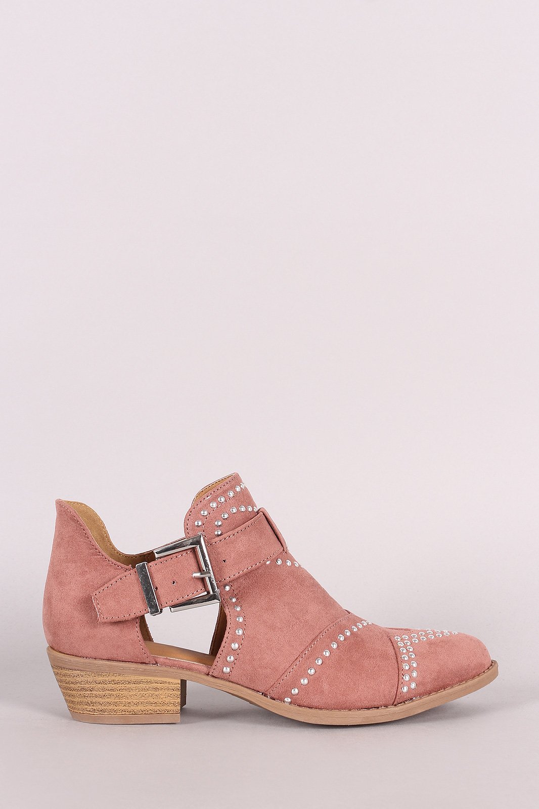 Qupid Studded Suede Buckled Cutout Ankle Boots