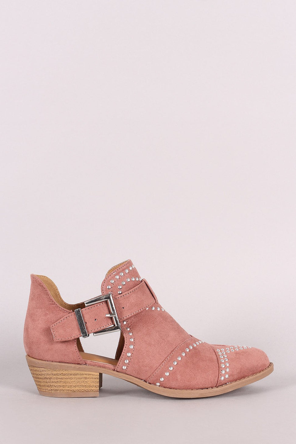 Qupid Studded Suede Buckled Cutout Ankle Boots