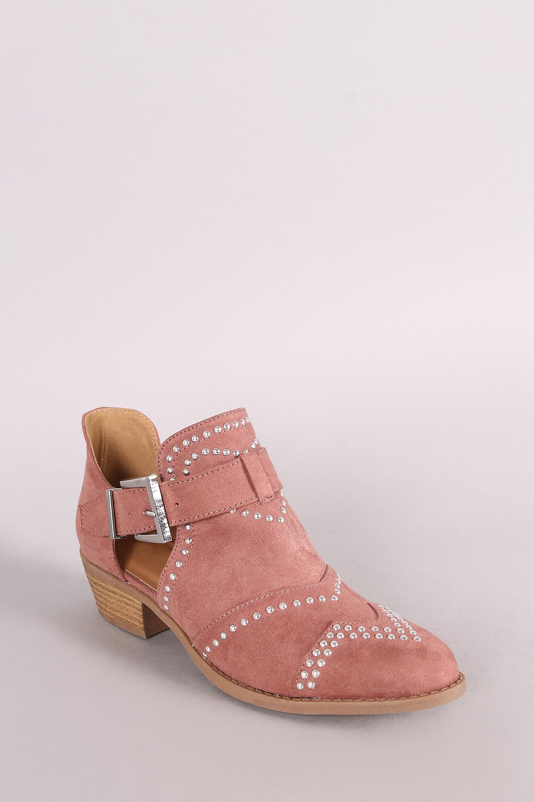 Qupid Studded Suede Buckled Cutout Ankle Boots