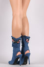 Floral Applique Frayed Distressed Denim Stiletto Boots - NoveltyOne