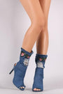 Floral Applique Frayed Distressed Denim Stiletto Boots - NoveltyOne