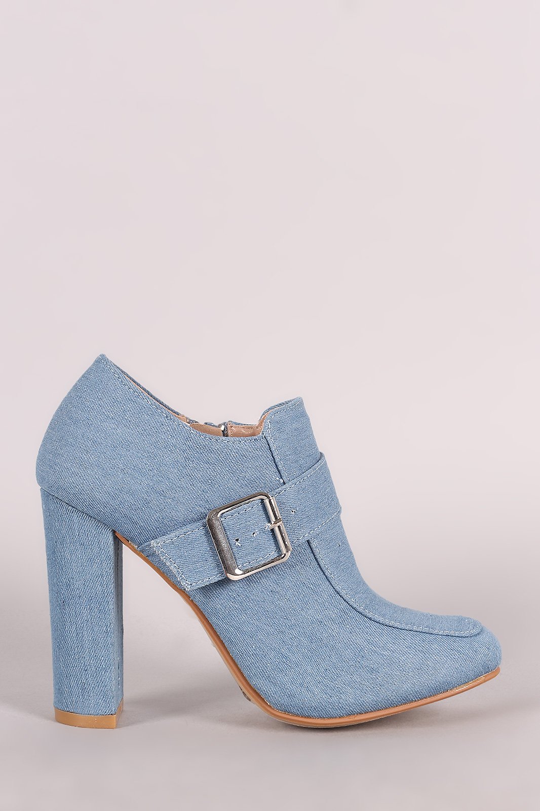 Buckle Accent Denim Chunky Heeled Booties