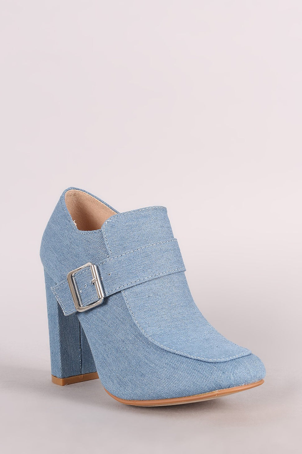 Buckle Accent Denim Chunky Heeled Booties