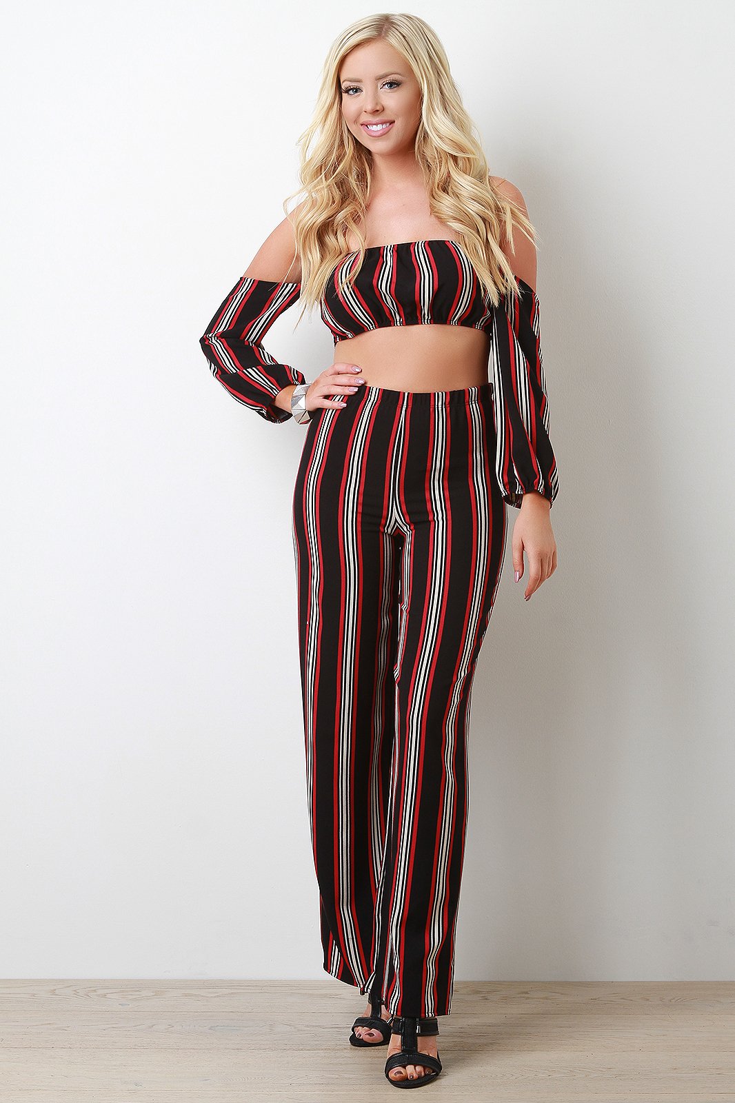 Stripe Print Off Shoulder Crop Top With Palazzo Pants Set